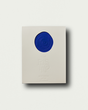 Beige box with a blue circular design on a white background
